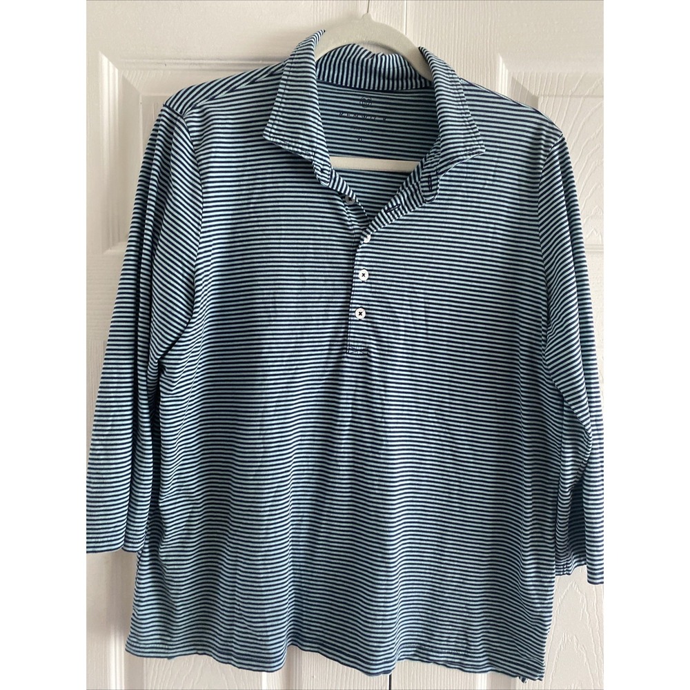 Renwick 3/4 Sleeve Polo Top Womens Size XL Blue Striped Nautical Pima Cotton